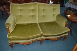 Two Seat Sofa in Green Upholstery with Carved Wood