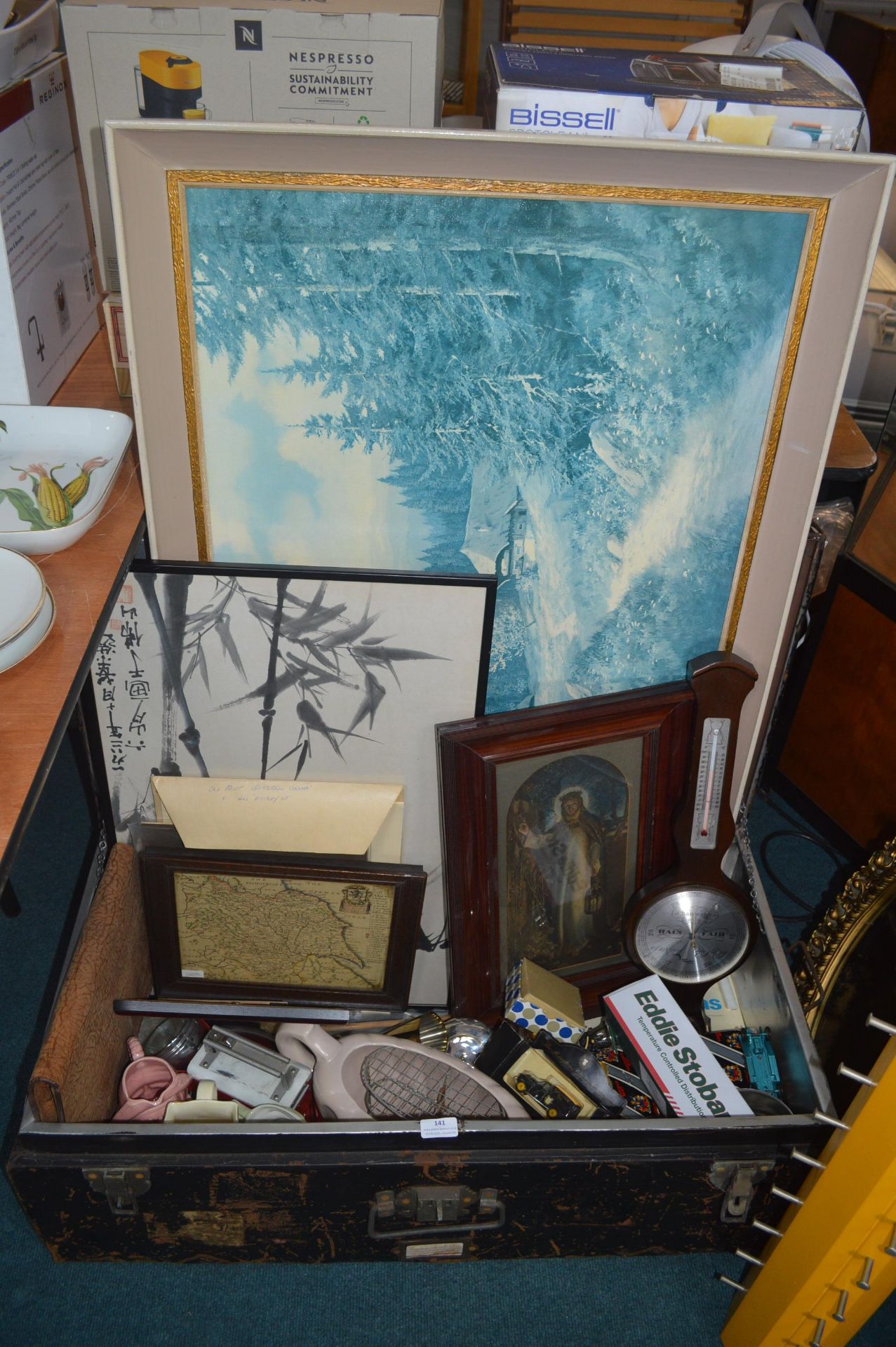 Vintage Metal Trunk and Contents Including Framed