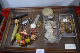 Tray Lot of Collectibles Including Coinage, Costume Jewellery, etc.