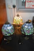 Three Small Leaded Glass Table Lamps with Woodpeck