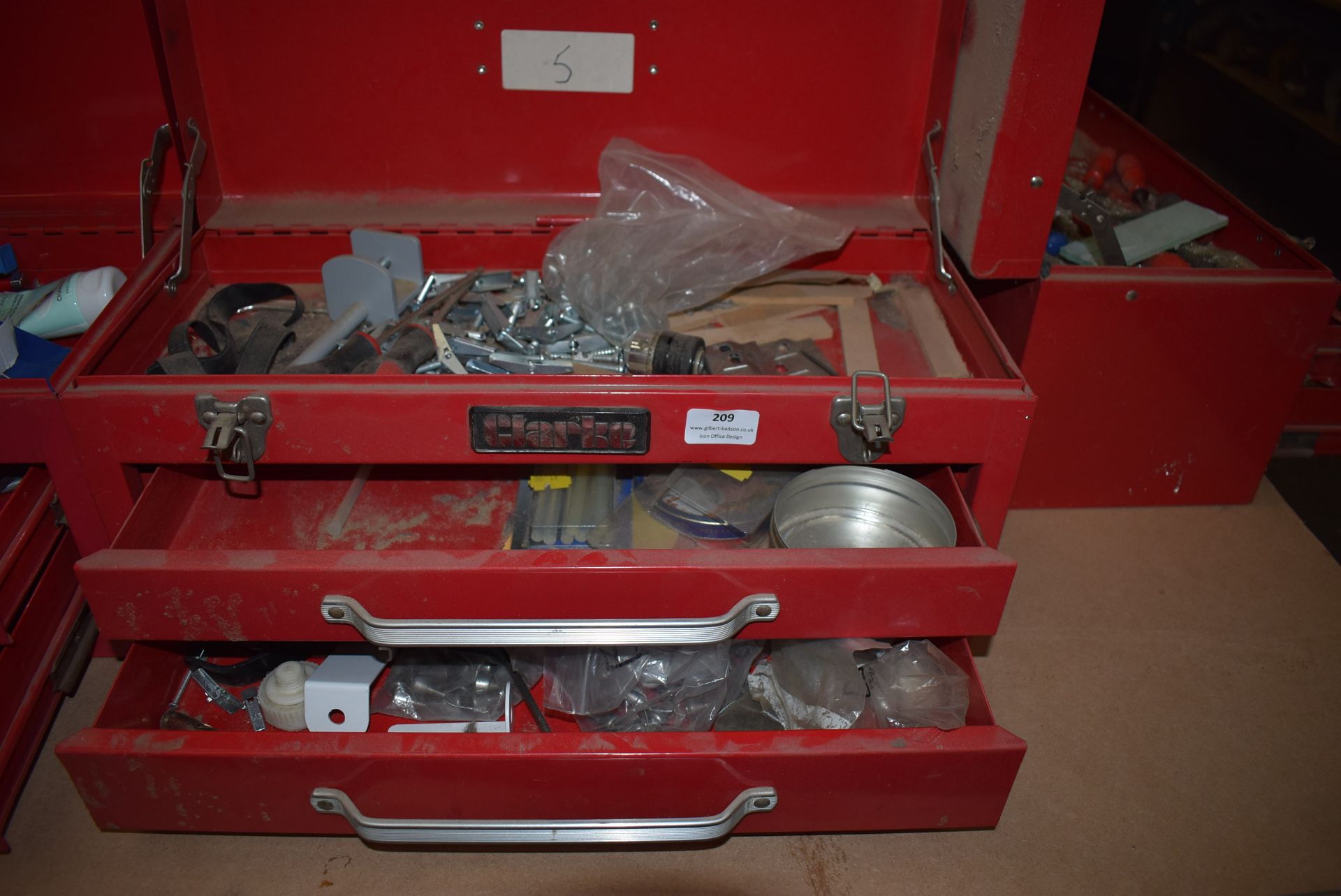 *Clarke Toolbox Containing Various Fixing Ironmongery, Glue Sticks, etc.