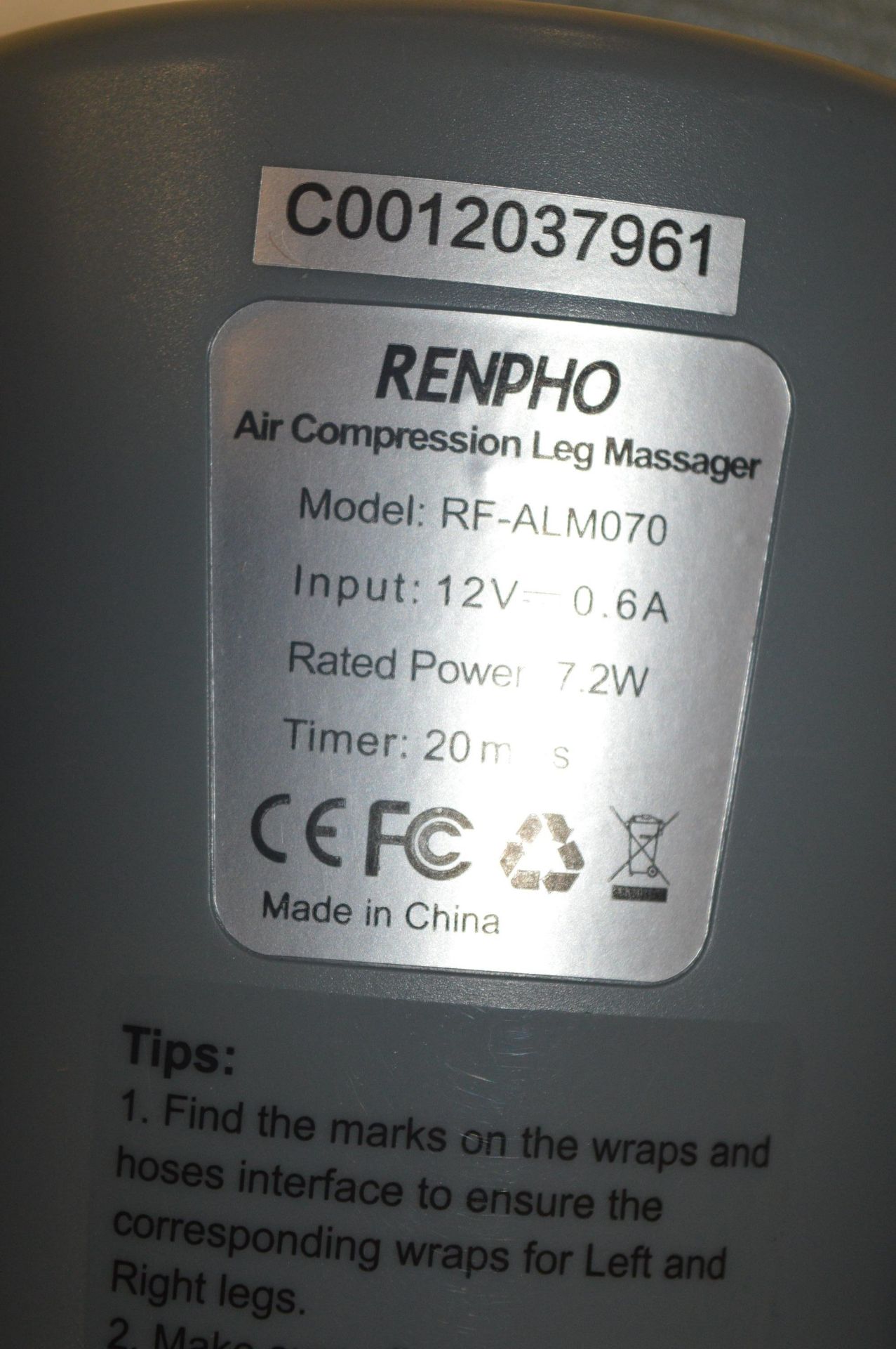 *Renpho Air Compression Leg Massager RF-ALM070 - Image 2 of 2