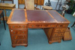Reproduction Partners Desk in Walnut & Mahogany with Tooled Red Leather Insert Top