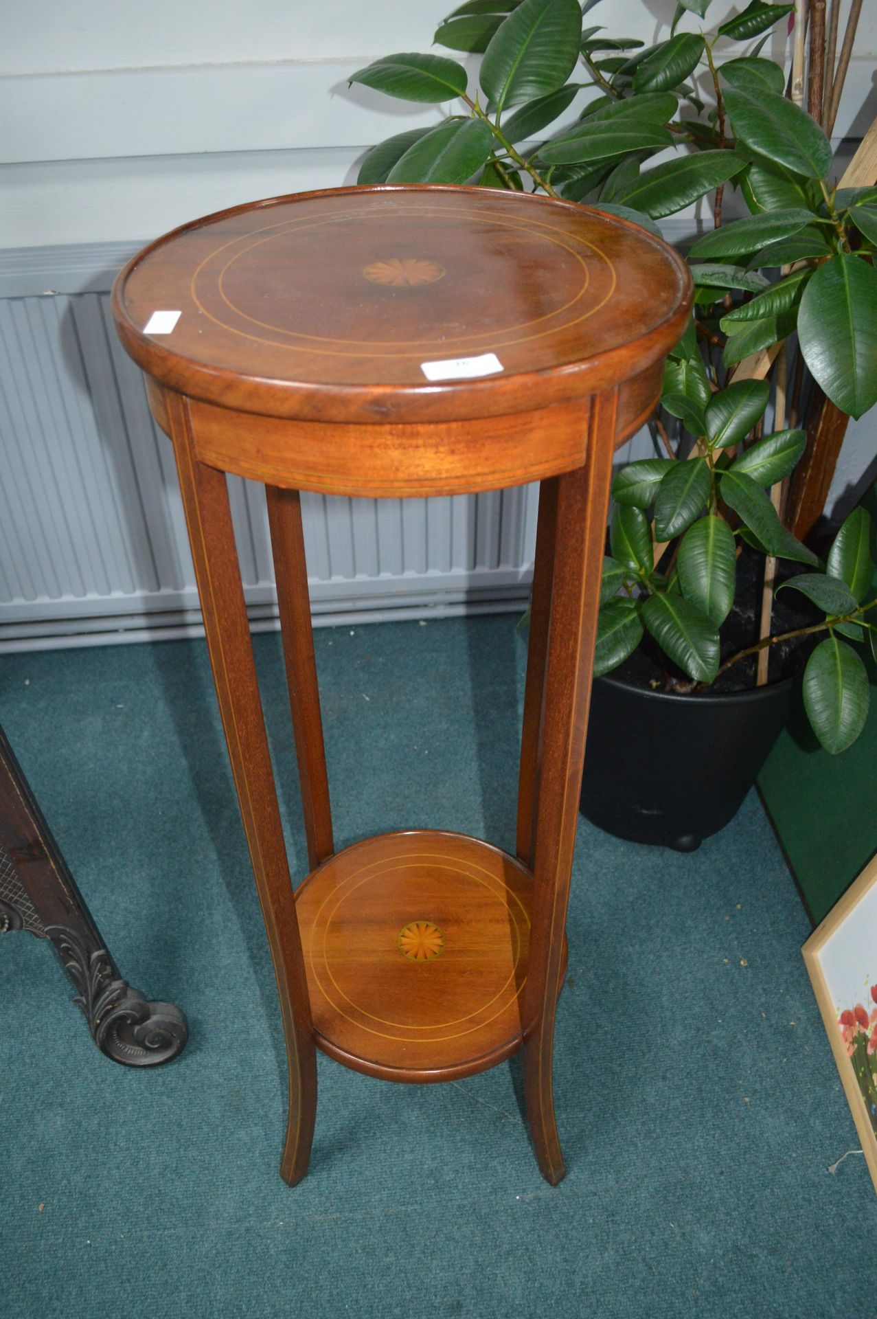 Edwardian Mahogany & Walt Plant Stand with Inlaid Design and Stringing