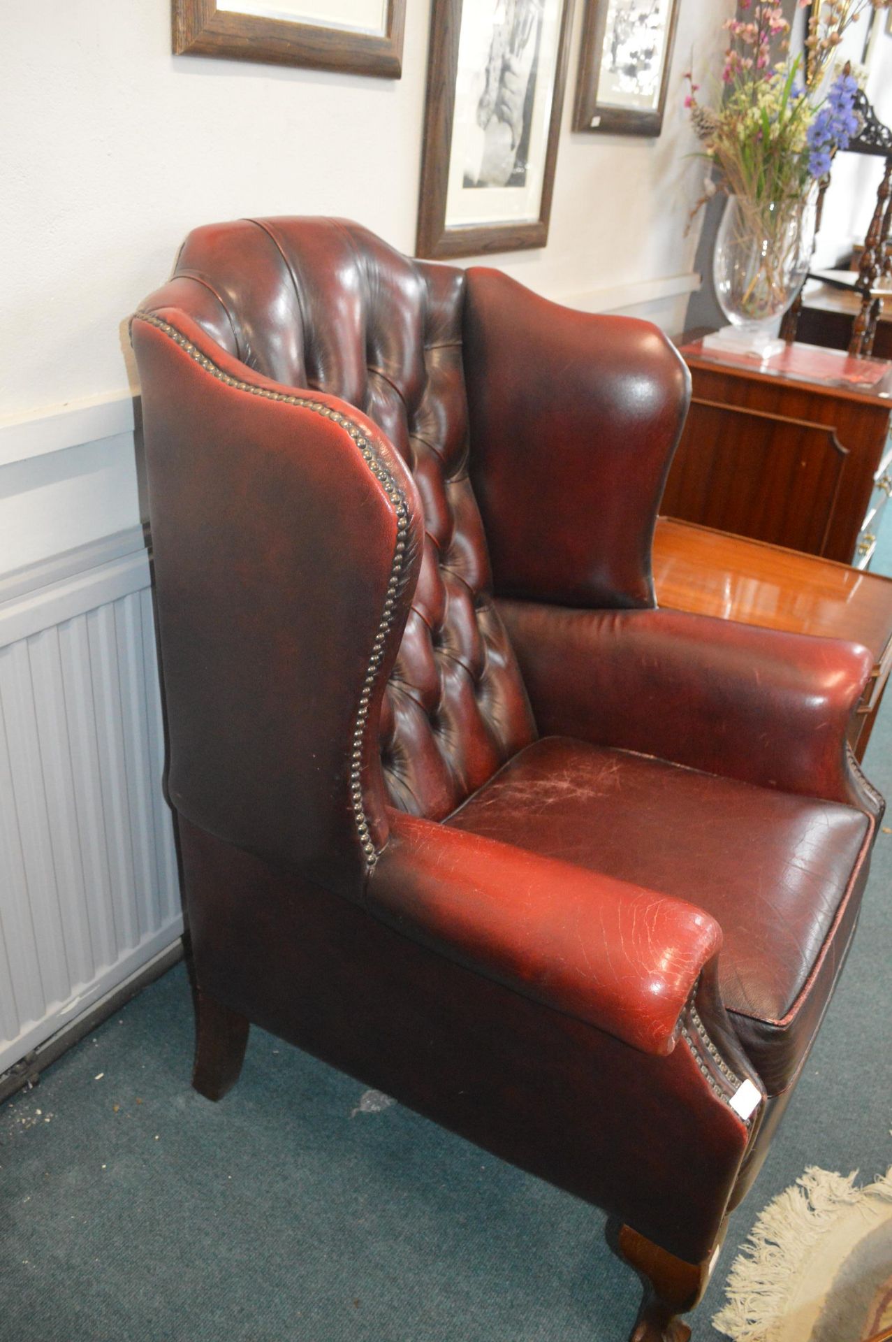 Single Chesterfield Wingback Red Leather Armchair - Image 2 of 2