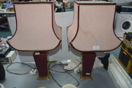 Two Pottery Table Lamps with Burgundy Shades