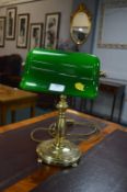 Desktop Bankers Lamp in Brass with Green Glass Sha
