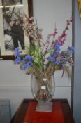 Artificial Flowers and Glass vase (some faults to