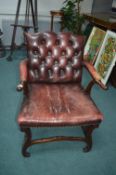 Chesterfield Red Leather Armchair with Mahogany Frame