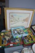Two Christmas Jigsaw Puzzles and a Framed Snow Sce