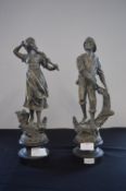 Two Spelter Figurines of a Fisherman & Fisherwoman