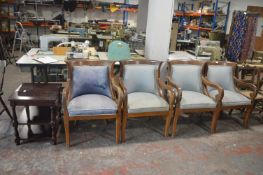 Four Wooden Framed Chairs with Scroll Arms (requires restoration), and a Small Square Coffee Table