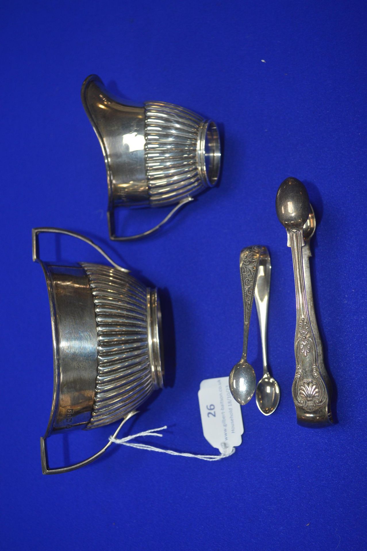 Sterling Silver Cream Jug and Sugar Bowl plus Two Sugar Tongs ~195g total, Assorted Hallmarks