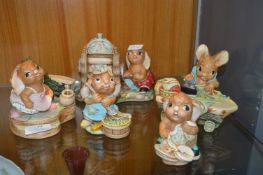 Five Pendelfin Rabbits Doing Housework Figures