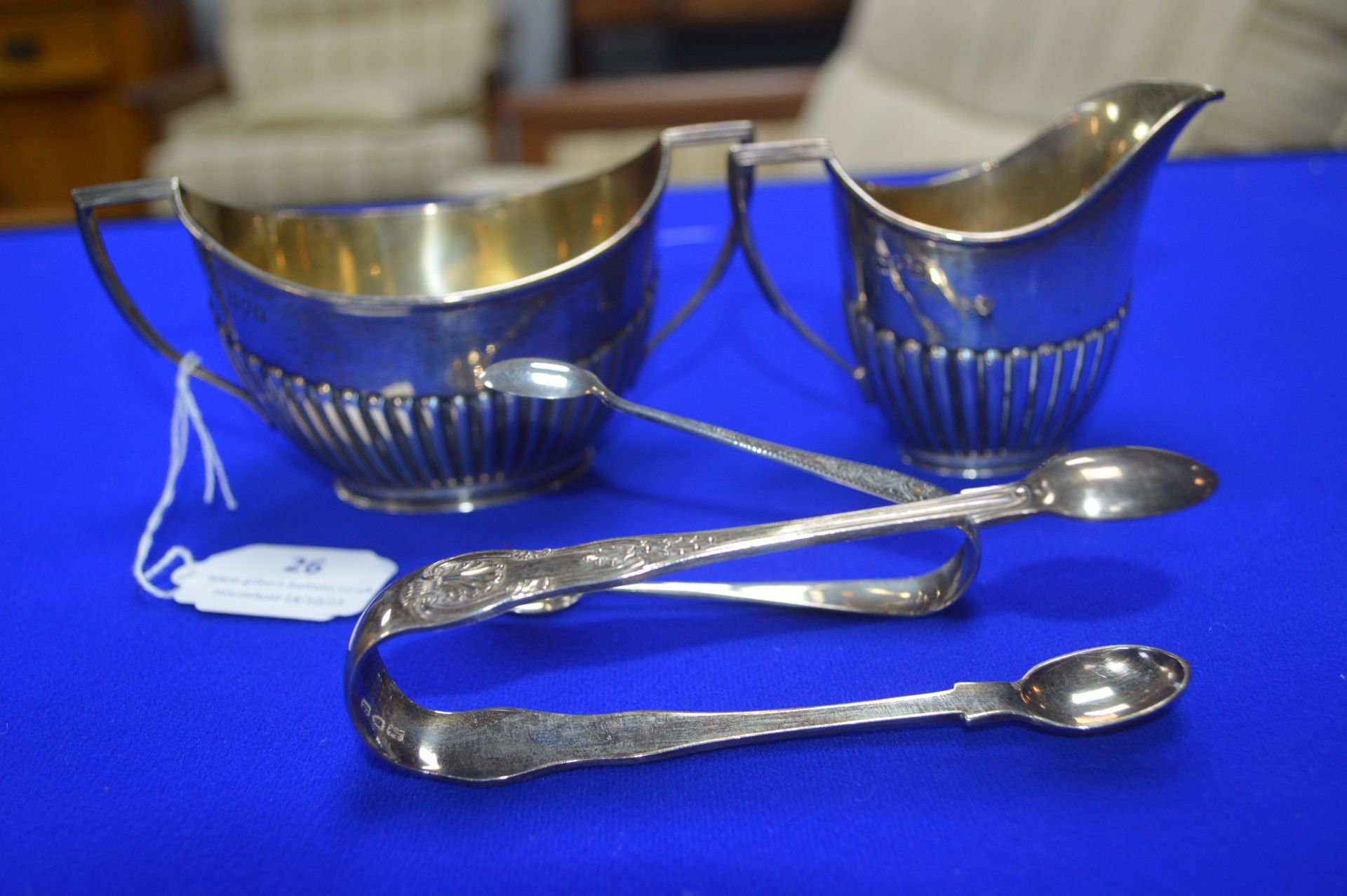 Sterling Silver Cream Jug and Sugar Bowl plus Two Sugar Tongs ~195g total, Assorted Hallmarks - Image 2 of 2