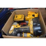 Box of Various Drills and Drivers with Batteries