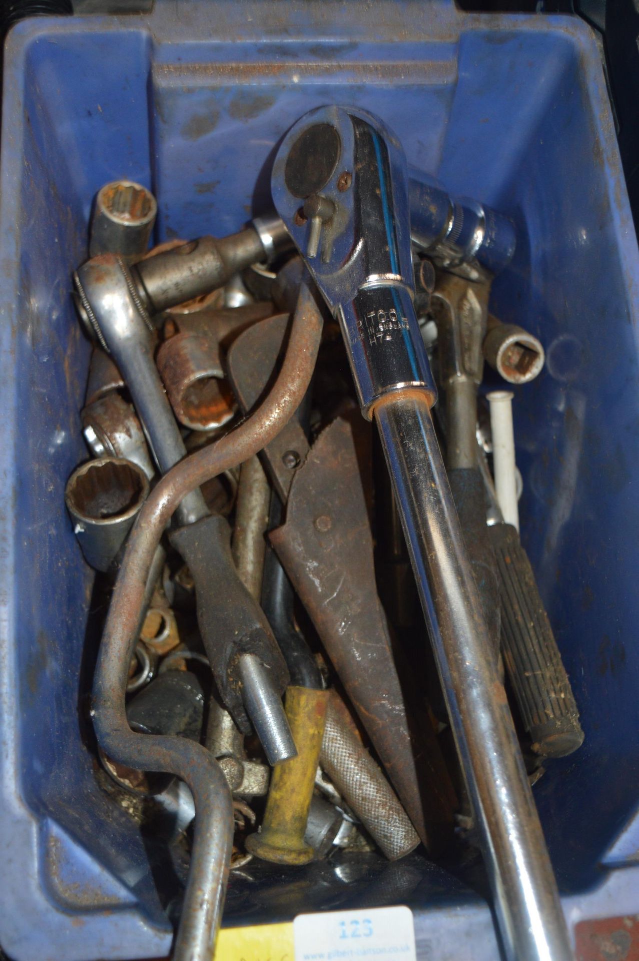 Tub of Assorted Tools, Ratchets, etc.