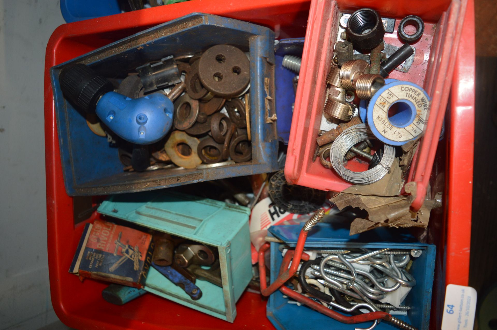 Box of Lin Bins and Contents Including Hooks, Scre