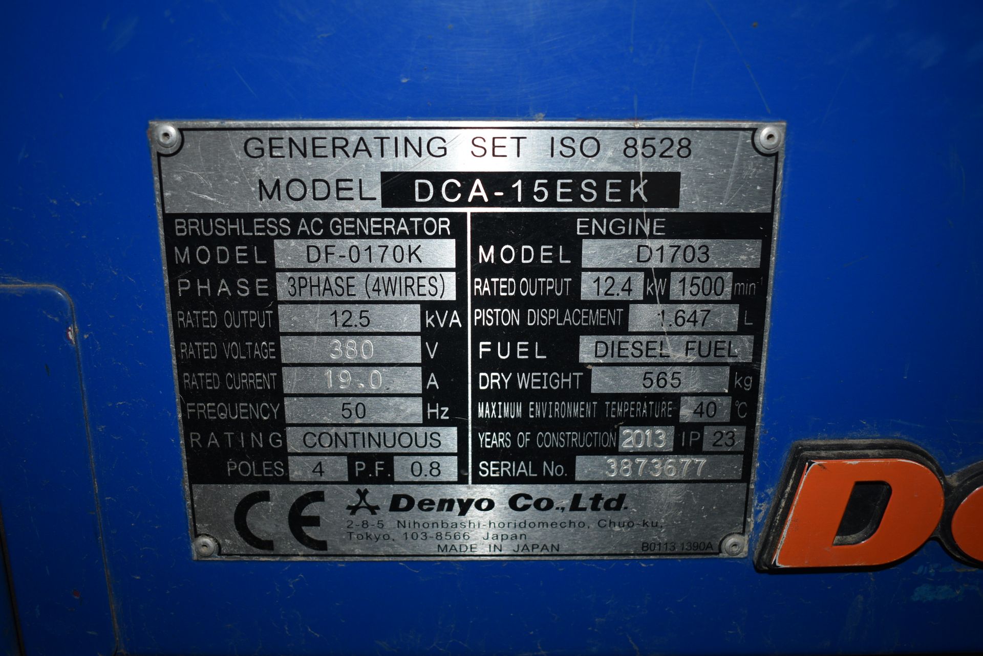 *Denyo Generator DCA15ESK D1703 with Three Blue and One Red Outlets in Stillage 3ft x 58” x70” - Image 3 of 3