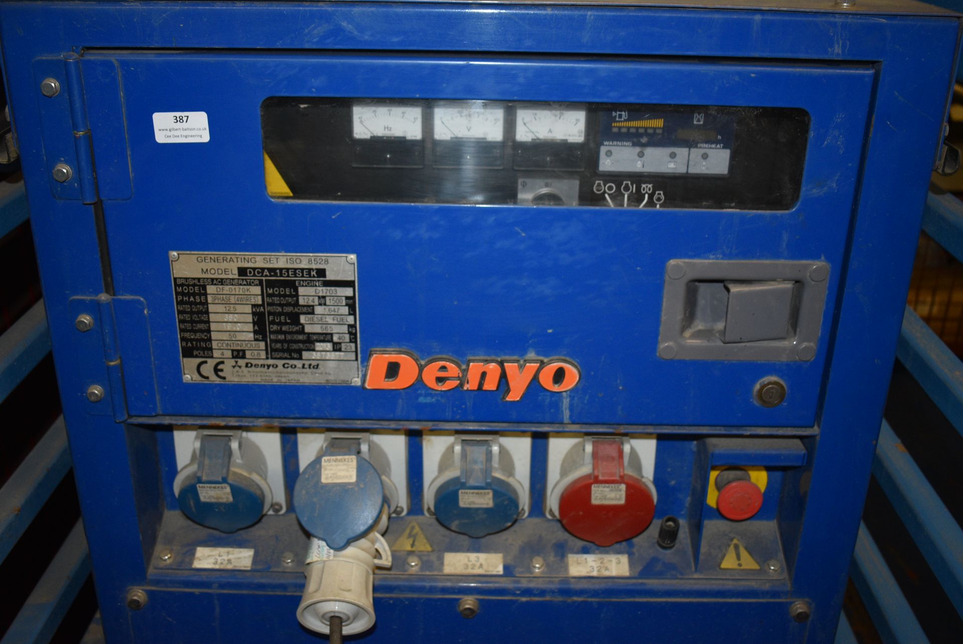 *Denyo Generator DCA15ESK D1703 with Three Blue and One Red Outlets in Stillage 3ft x 58” x70”