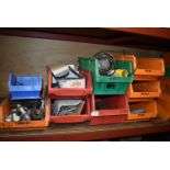 *Nine Storage Boxes Containing Anchor Bolts, Morse Taper Drill Bits, 110v Inspection Lamp, etc.