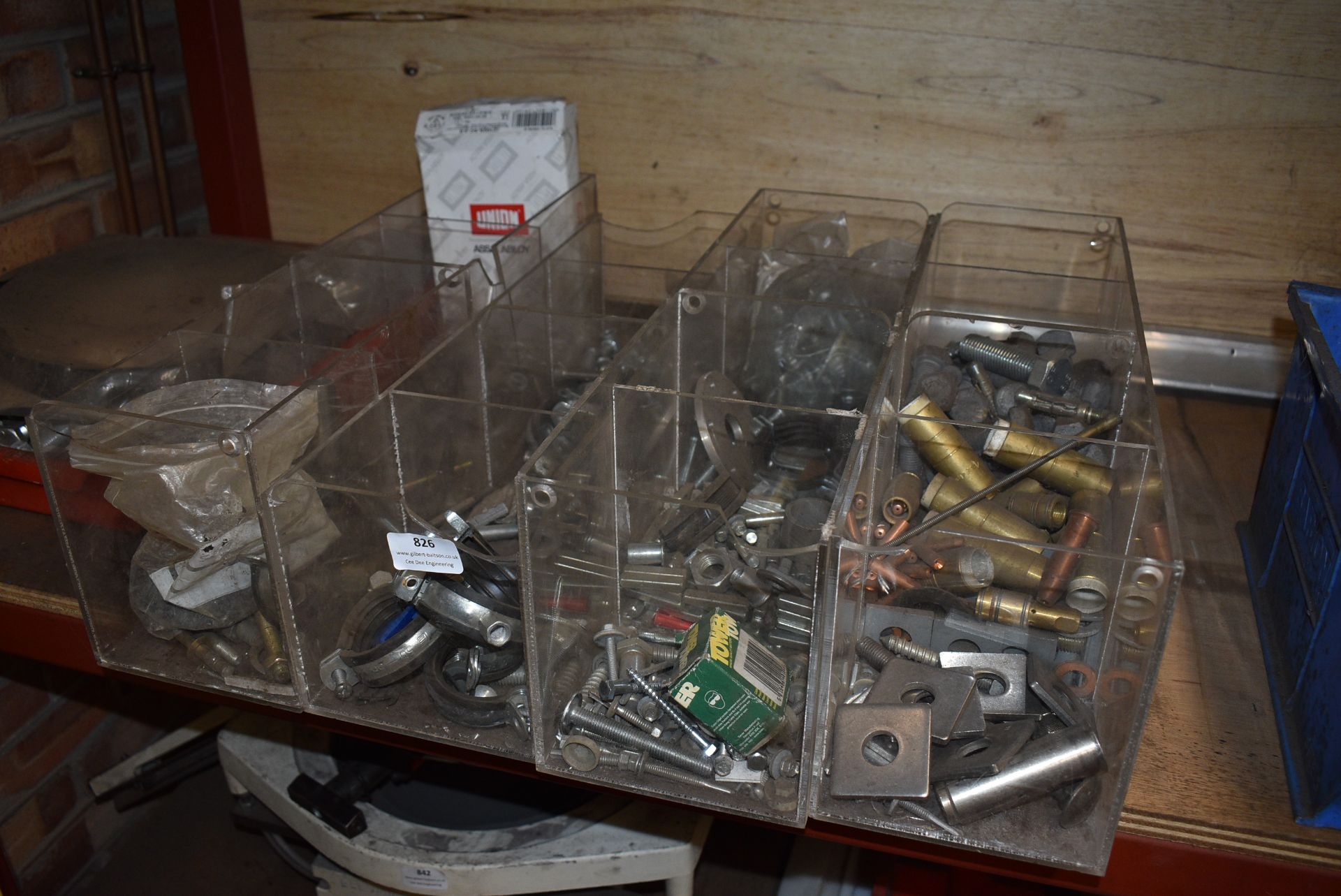 *Perspex Storage Boxes Containing Assorted Nuts, Bolts, Mig Welding and Cutting Torch Nozzles, etc.