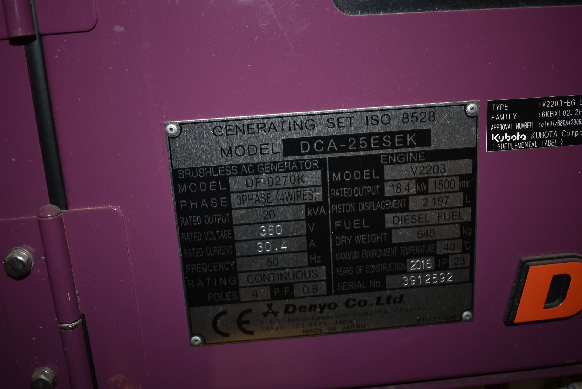 *Denyo DCA25 ESEK Diesel Generator V2203 with Outlets in Stillage 57”x3ft x 6.5ft - Image 3 of 4