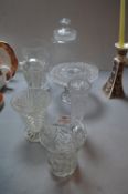 Glass Vases, Cake Stand, and a Storage Jar