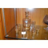 Decorative Gilded Decanter and Matching Glasses