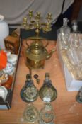 Brass Candelabra, Kettle and Horse Brasses