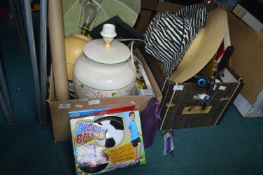 Two Boxes of Household Goods Including Lamps, Hats