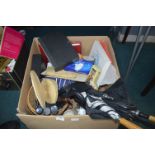 Large Box of Household Goods Including Umbrellas,