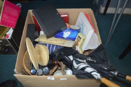 Large Box of Household Goods Including Umbrellas,