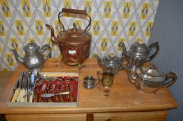 Victorian Copper Kettle, plus Pewter, and Cutlery