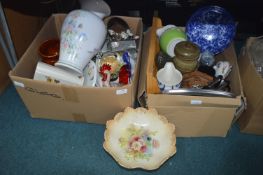 Two Boxes of Pottery and Household Goods etc.