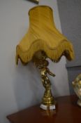 Brass Cherub Table Lamp with Gold Shade