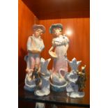 Pair of Period Figurines and Small Spill Vases