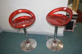 Pair of Red & Chrome Gas-Lift Barstools