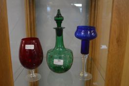 Green Glass Decanter and Two Coloured Glasses