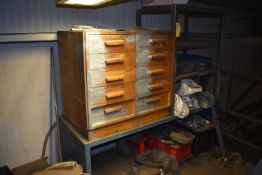 *Steel Shelving, Set of Oak Drawers and Contents