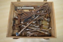 Box of Assorted Tools Including Spanners, Cable, etc.