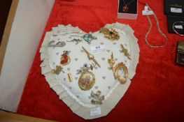 Heart Cushion with Vintage Costume Jewellery Brooc