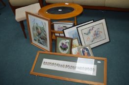 Coffee Table/Magazine Rack, Stool, and Framed Pict