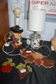 Two Novelty Lamps plus Leaf Wall Plaques