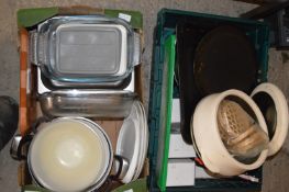 Three Mixed Boxes of Pots and Pans, Glass Trays, Chopping Boards, Baking Trays, etc.