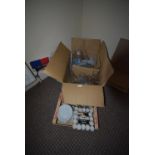 *Box of Mixed Branded and Other Glassware, White Saucers, Tealights, etc.