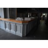 *Oak Topped Panelled Bar with Stainless Steel Hand Wash, Glass Shelves to Rear, Bottle and Glass