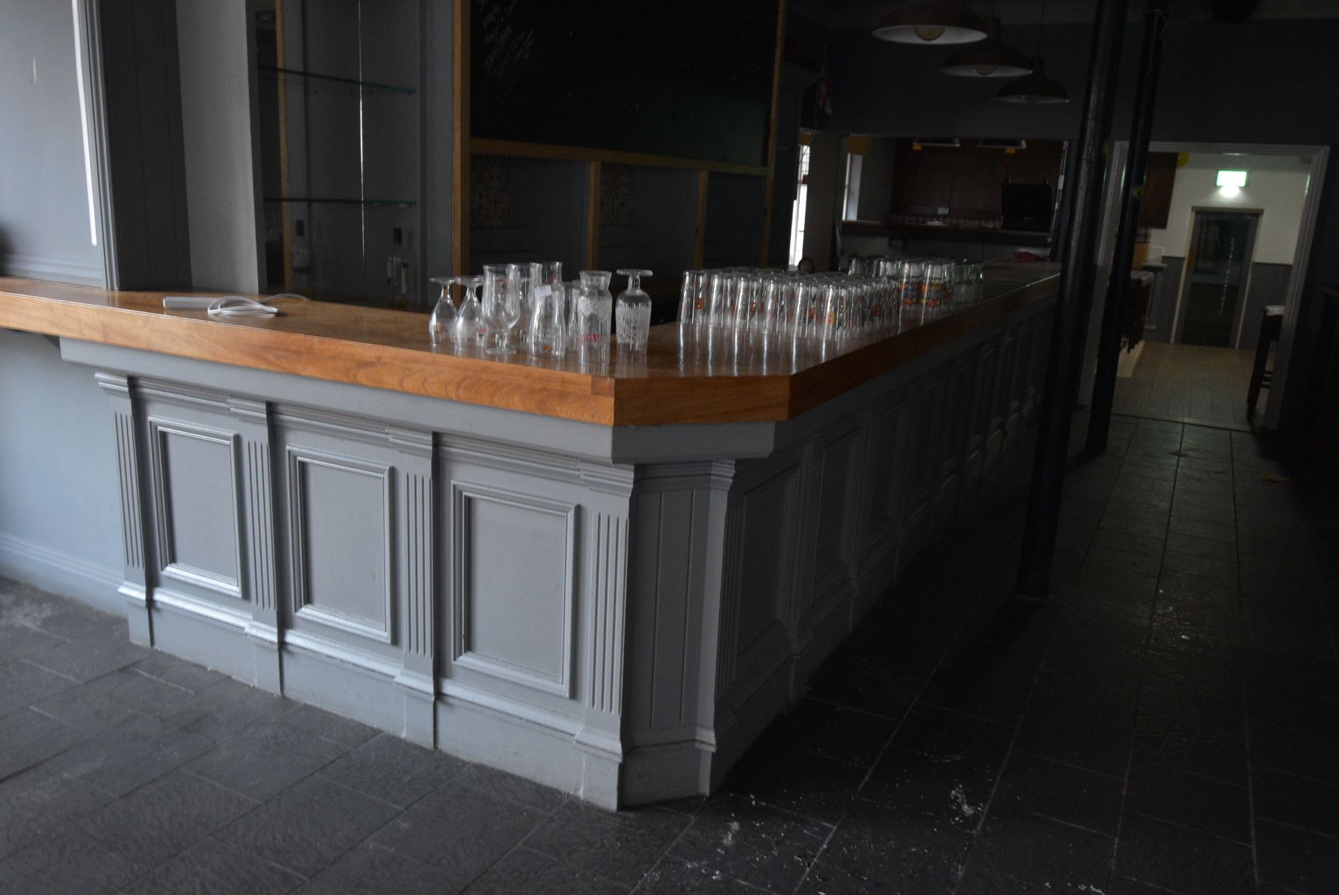 *Oak Topped Panelled Bar with Stainless Steel Hand Wash, Glass Shelves to Rear, Bottle and Glass