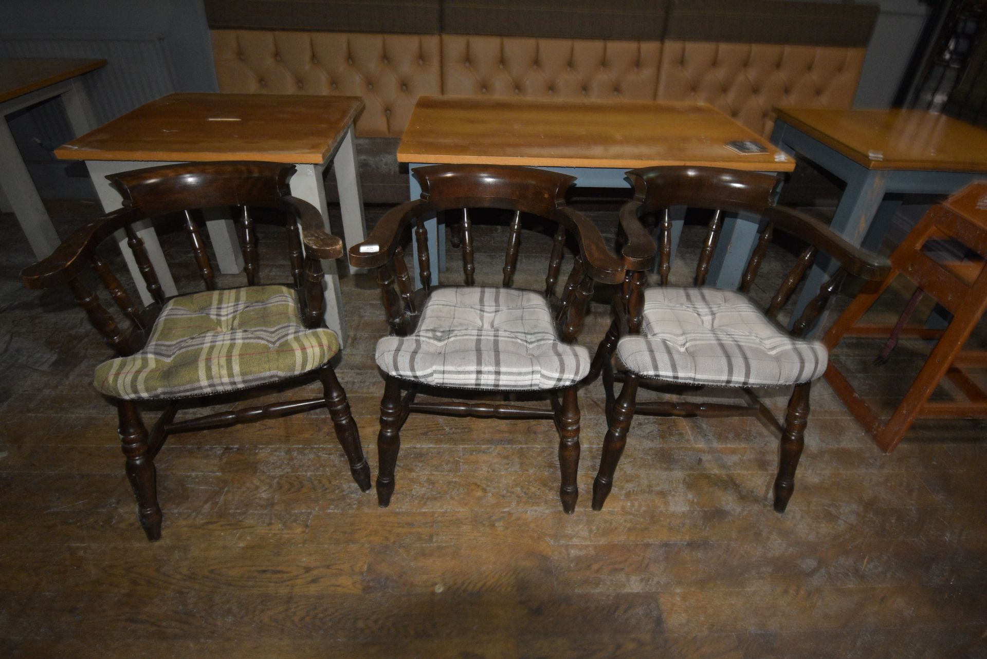 *Three Hardwood Framed Captain’s Chairs with Upholstered Seats
