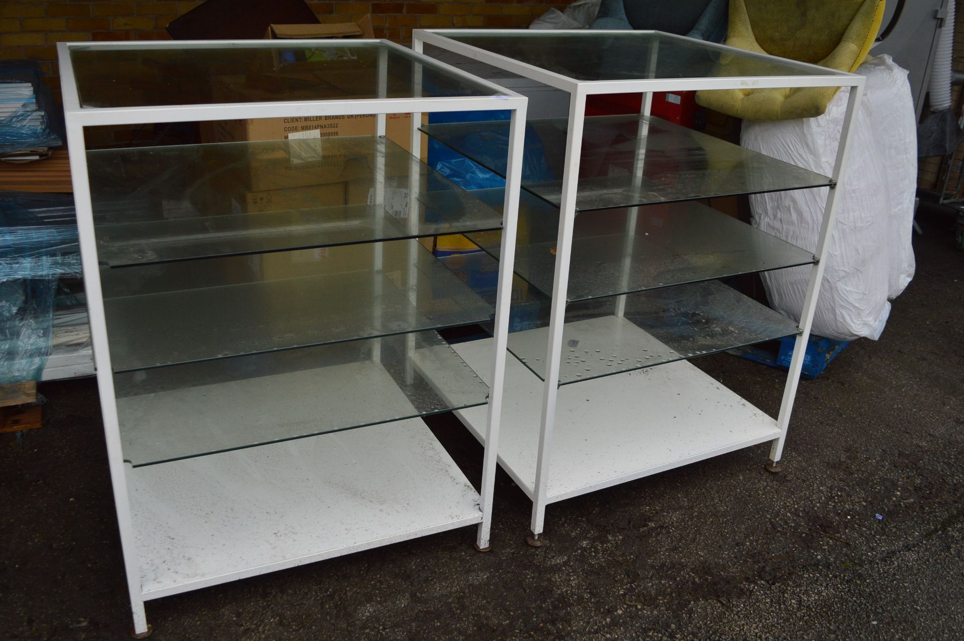 *Two Metal Framed Shelf Units with Glass Shelves 90x90cm x 120cm tall